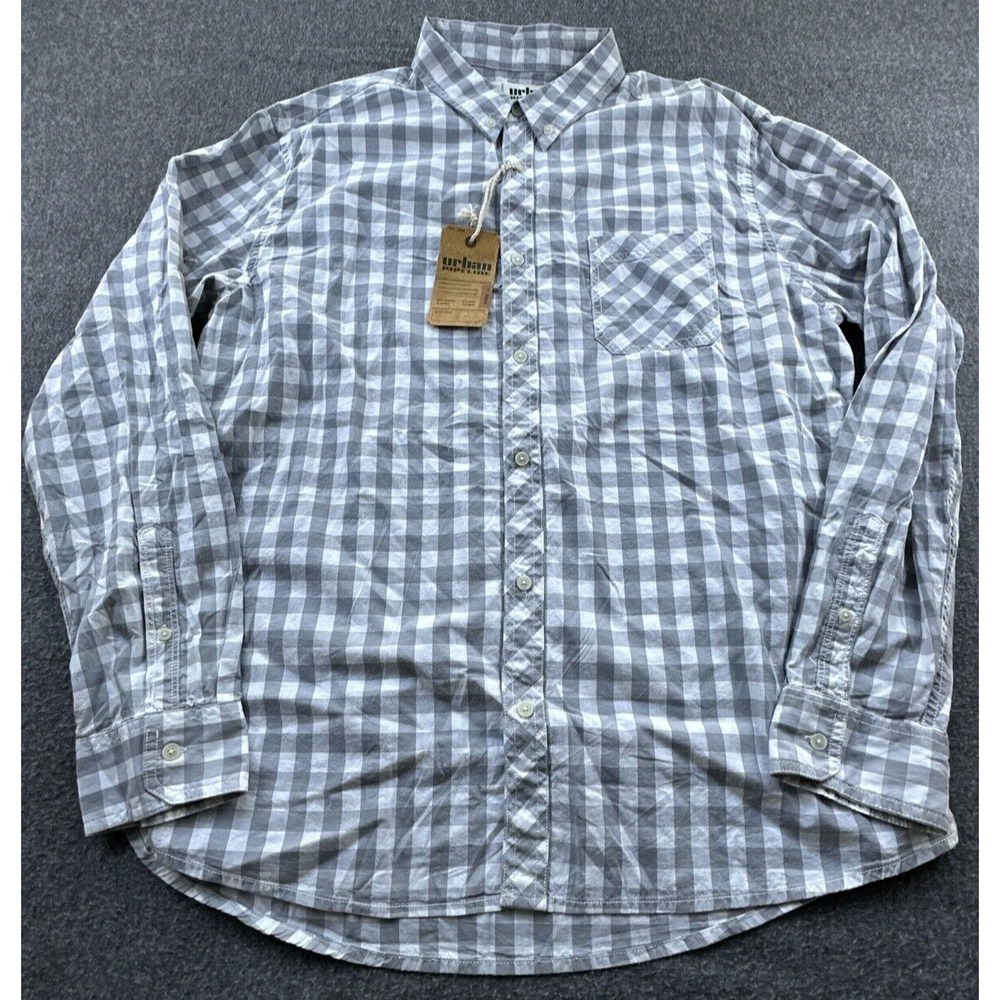 Urban‎ Pipeline Shirt Mens XXL Gray White Checkered Long Sleeve Button Up New
